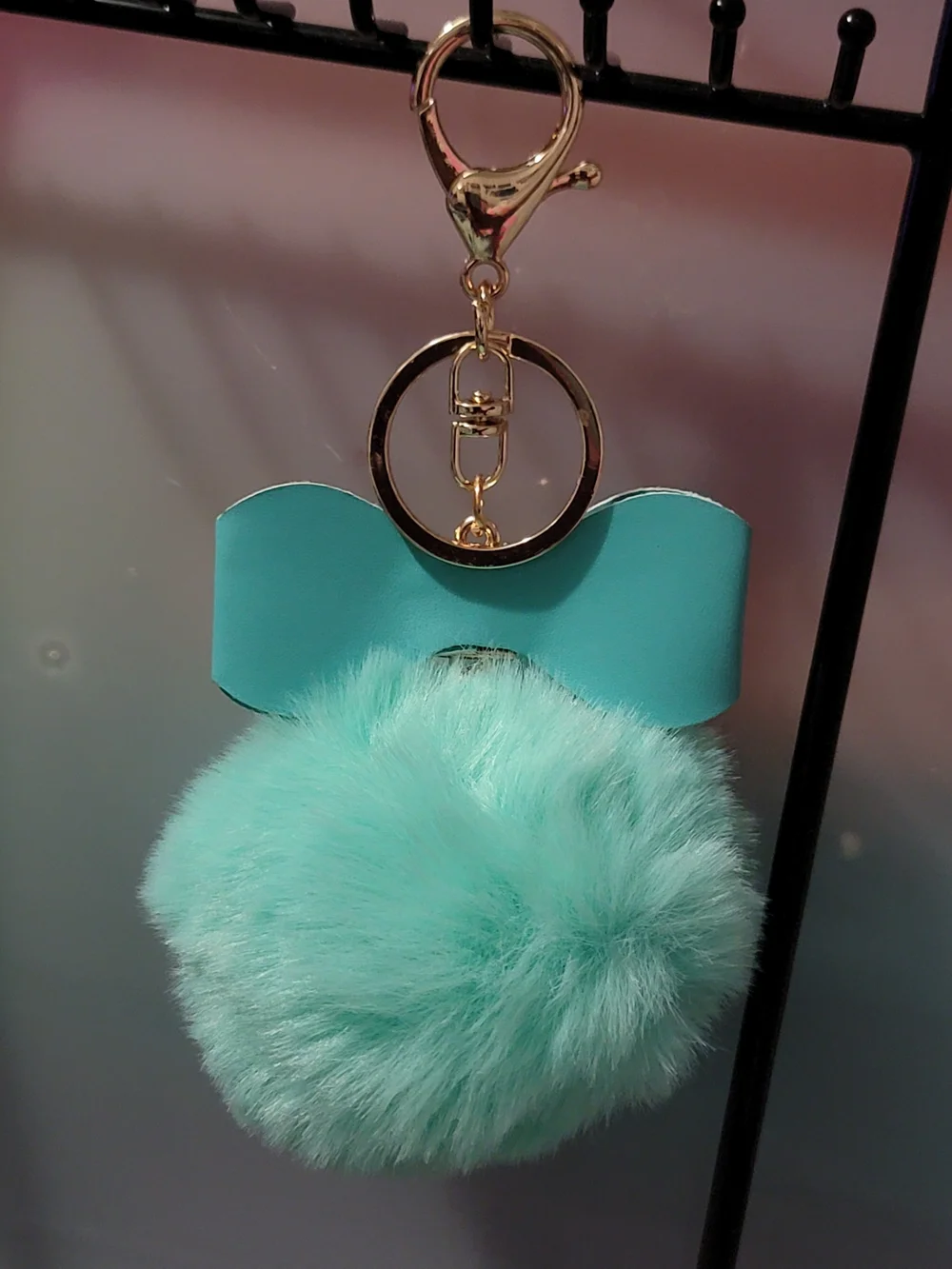 Gold Hardware Mint Green Pom-Pom Keychain with Bow Accent